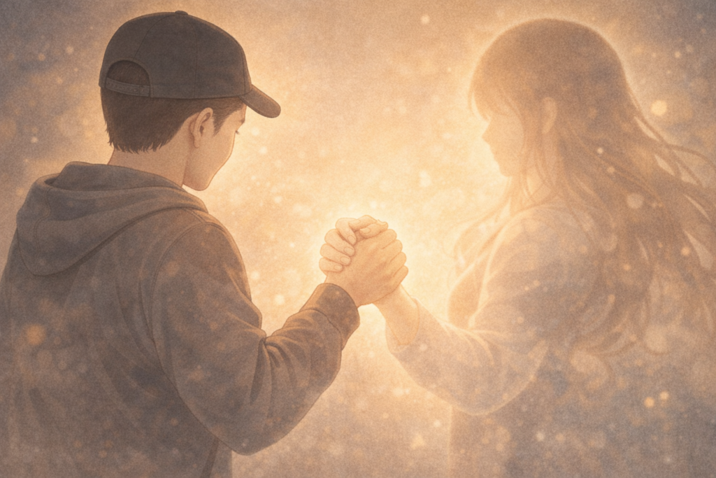 筆者と推しが手を取り合い、支え合っている描写