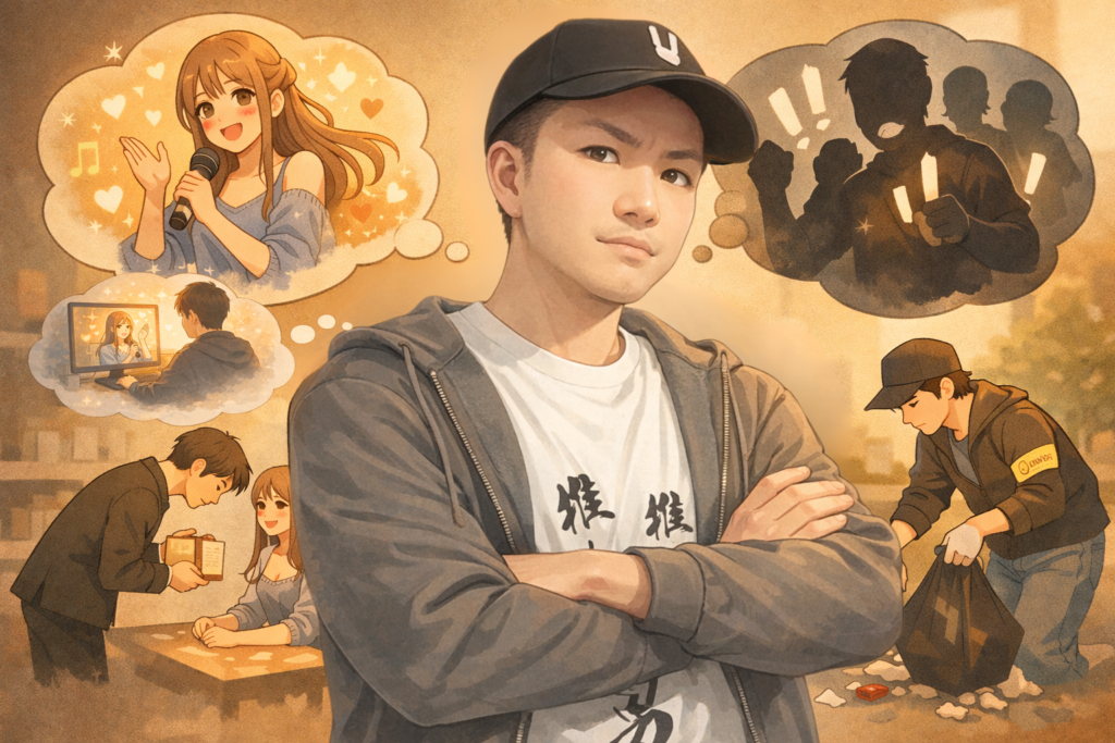 推し活の正義について考える筆者のイラスト