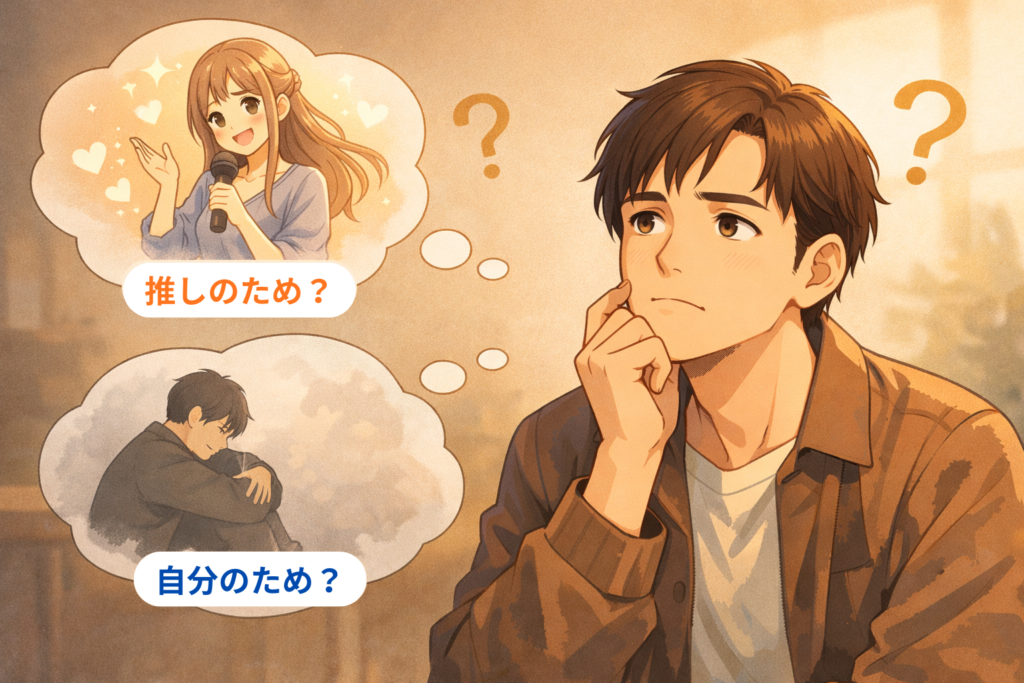 推しのためなのか自分のためなのか悩む男性のイラスト