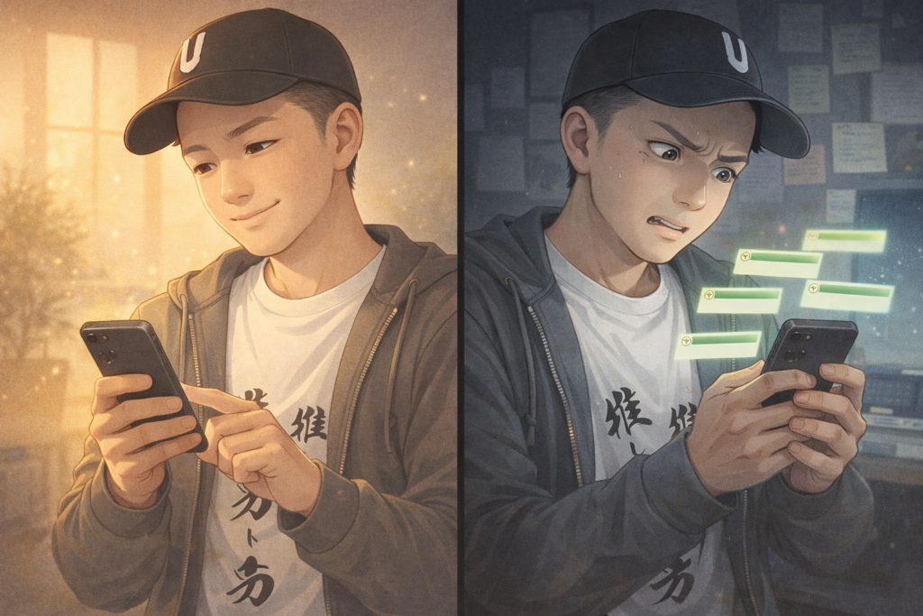 穏やかな表情でスパチャをする筆者と醜い表情でスパチャをする筆者のイラスト