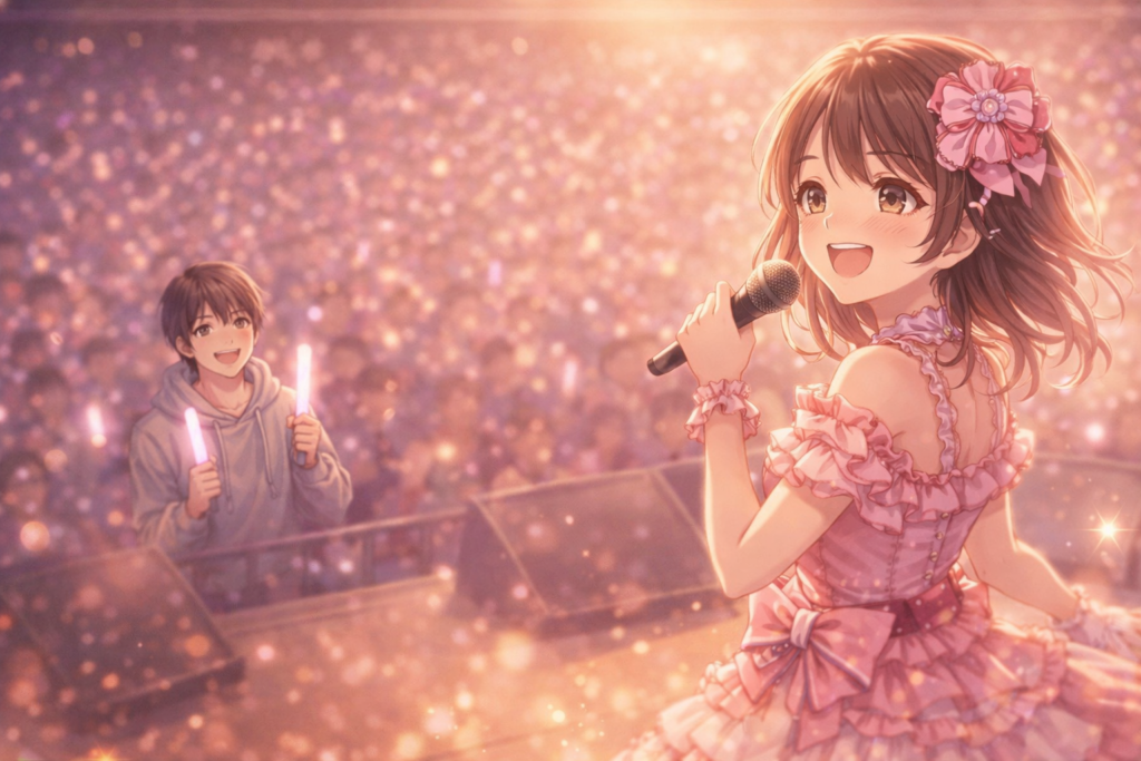 ライブステージ上で輝く推しの姿を応援する男性ファンのイラスト。