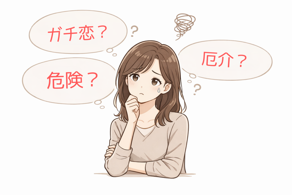 自分はガチ恋なのか？厄介なのか？と悩む女性のイラスト