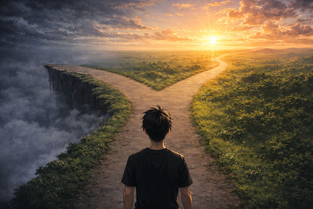 分岐点に立つ男性ファンのイラスト。