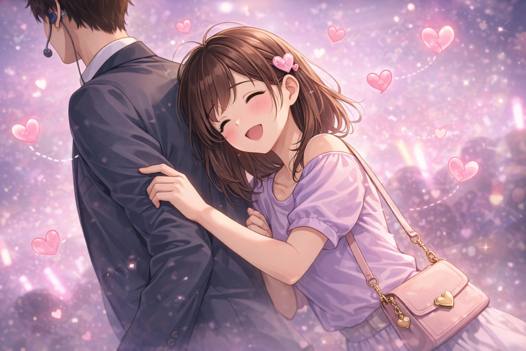 男性アイドルに一方的に身を寄せる女性ファンのイラスト。