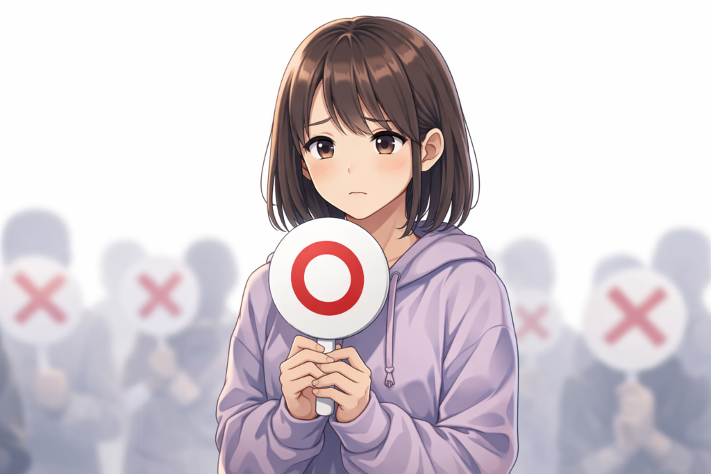 正解のプラカードを不安そうに掲げる女性のイラスト。