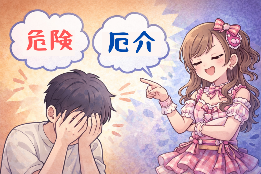 推しに「危険」「厄介」と言われている男性ファンのイラスト