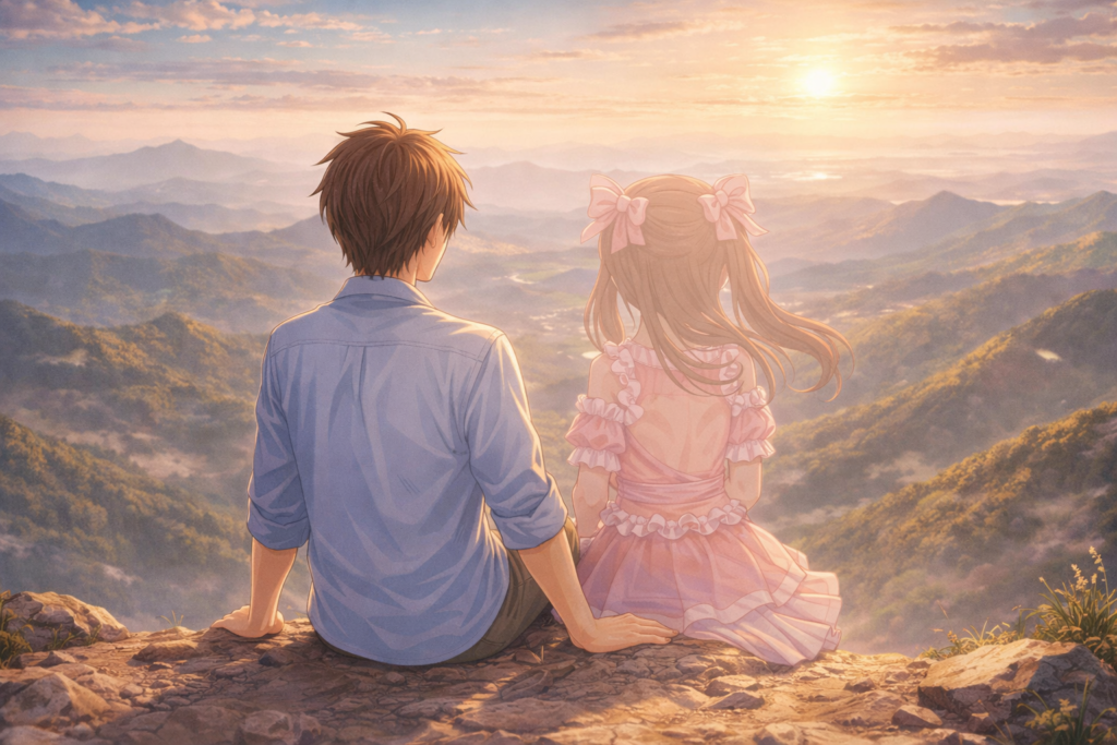 大自然の中で絶景を眺める男性のイラスト