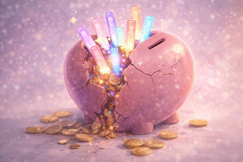 貯金箱がひび割れて壊れているイラスト。