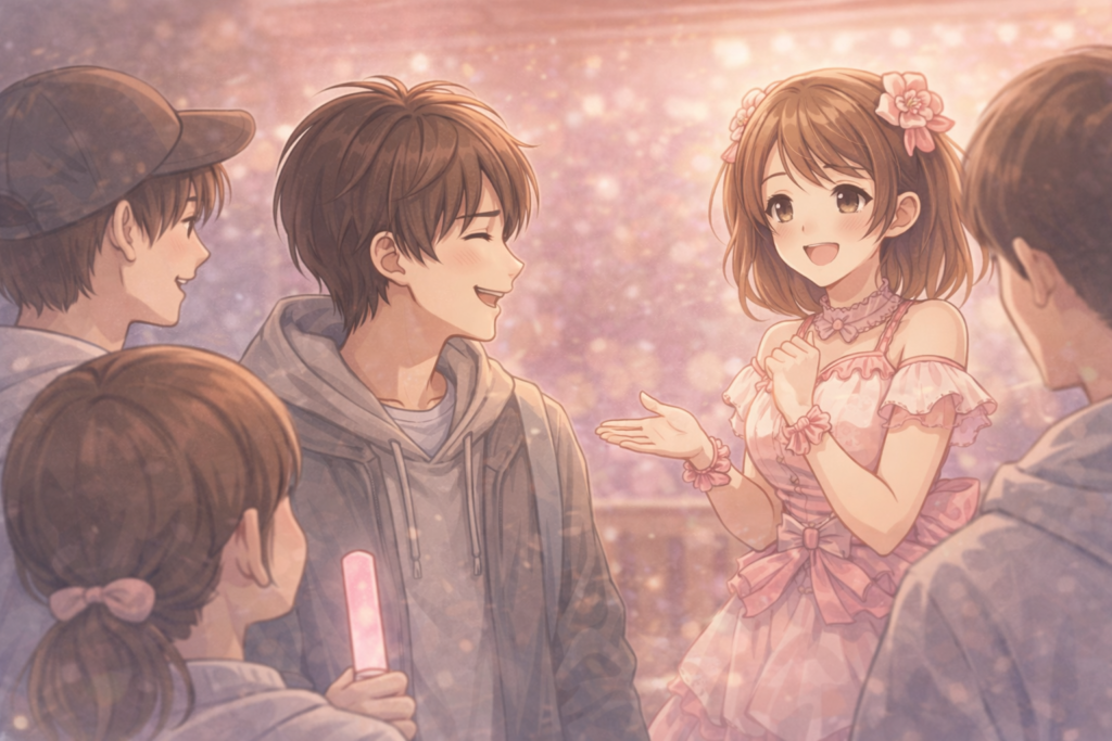 女性アイドルと楽しそうに交流する数人のファン。