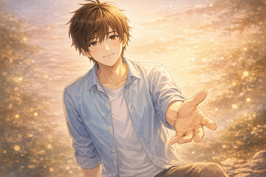 優しく微笑みながらこちらに手を差し伸べる男性のイラスト