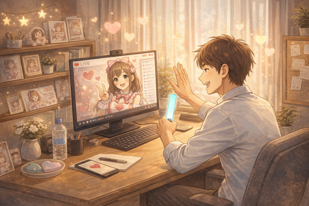 清々しく推しを応援する青年のイラスト