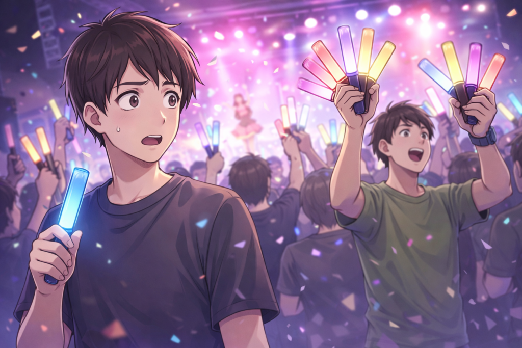 ペンライトを1本持っている男性が、ペンライトをたくさん持っている他のファンに驚いているイラスト。