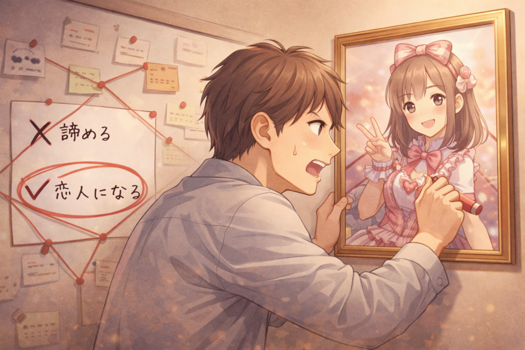 アイドルの推しと恋人になるために躍起になっている男性ファンのイラスト