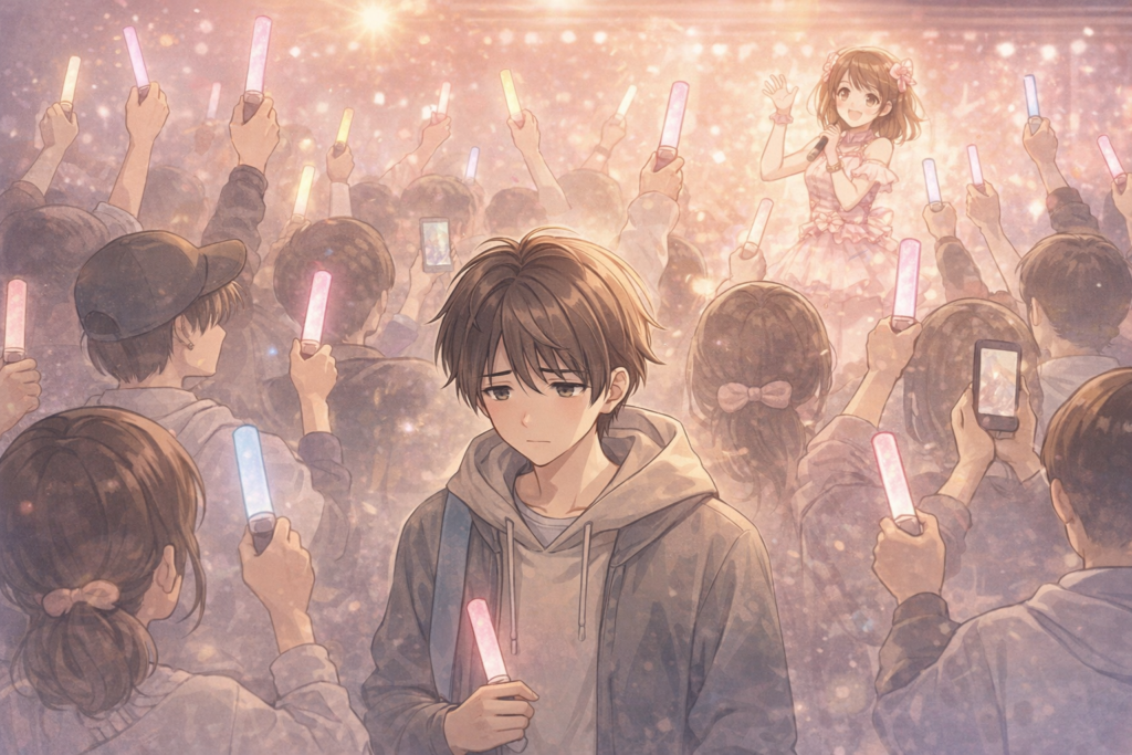 大勢のファンに紛れて寂しそうな男性ファン。