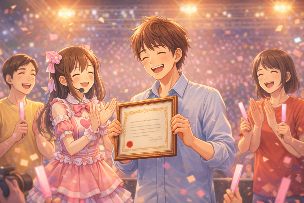 ライブで推しや他のファンに表彰される男性ファンのイラスト