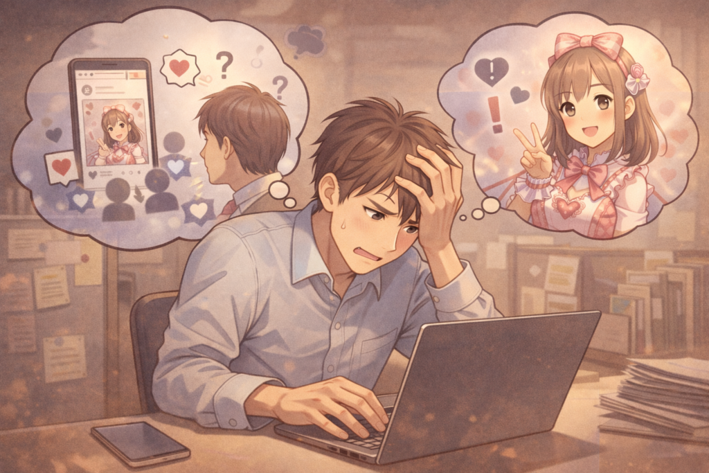 仕事中に推しのことが頭から離れずそわそわしている男性のイラスト