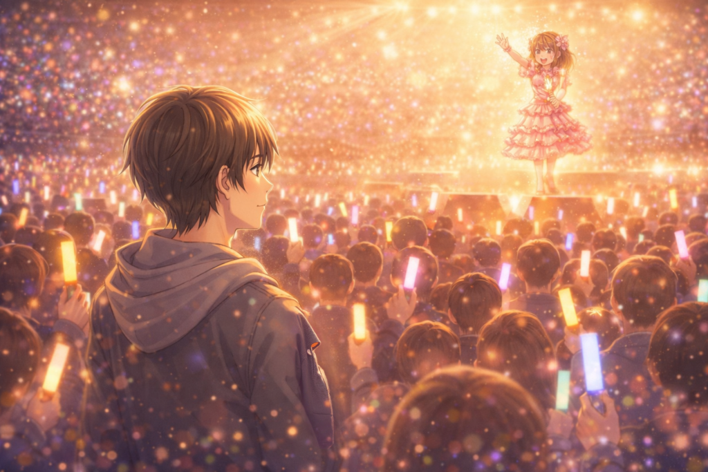 推しを遠くから優しい表情で見守る男性ファン。