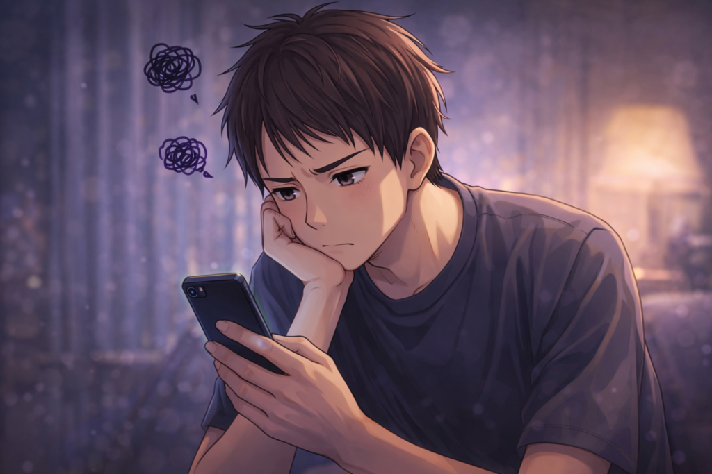 スマホを見ながらモヤモヤしている男性のイラスト。