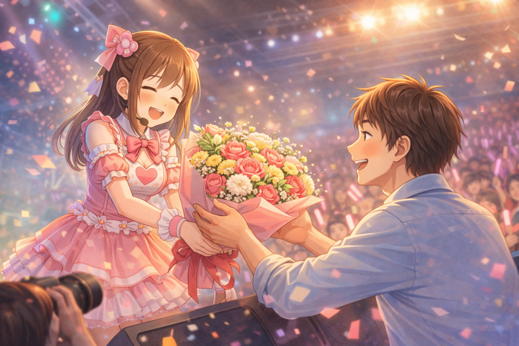 ライブで推しに花束を渡して祝福する男性のイラスト