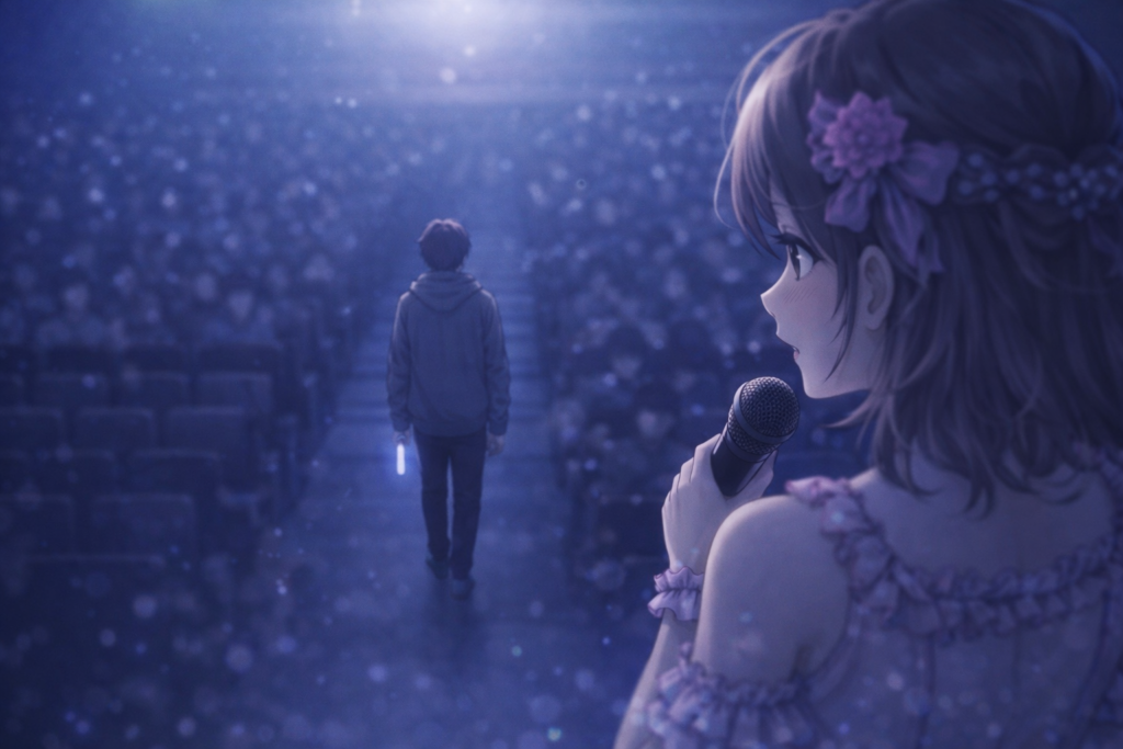 推しから離れていく男性ファンのイラスト。