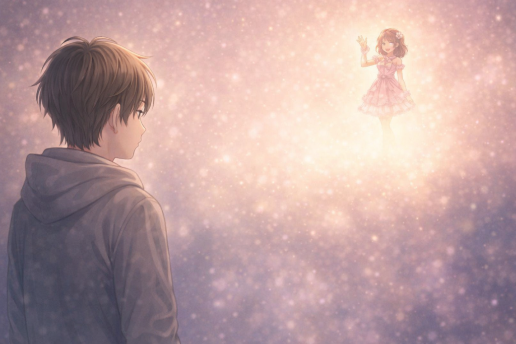 推しが高みに登ってしまったイラスト。