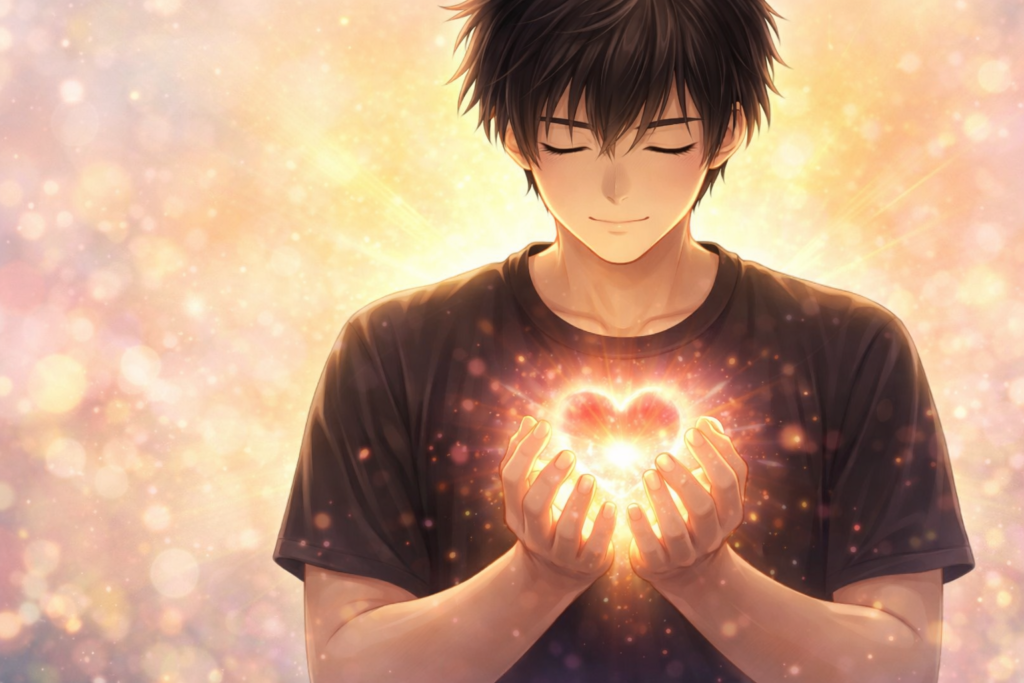 光を抱く男性のイラスト。