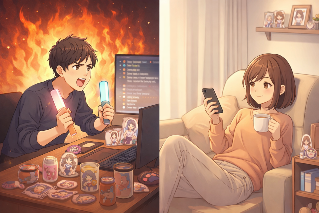 熱心に応援する男性ファンとリラックスしながら応援する女性ファン。