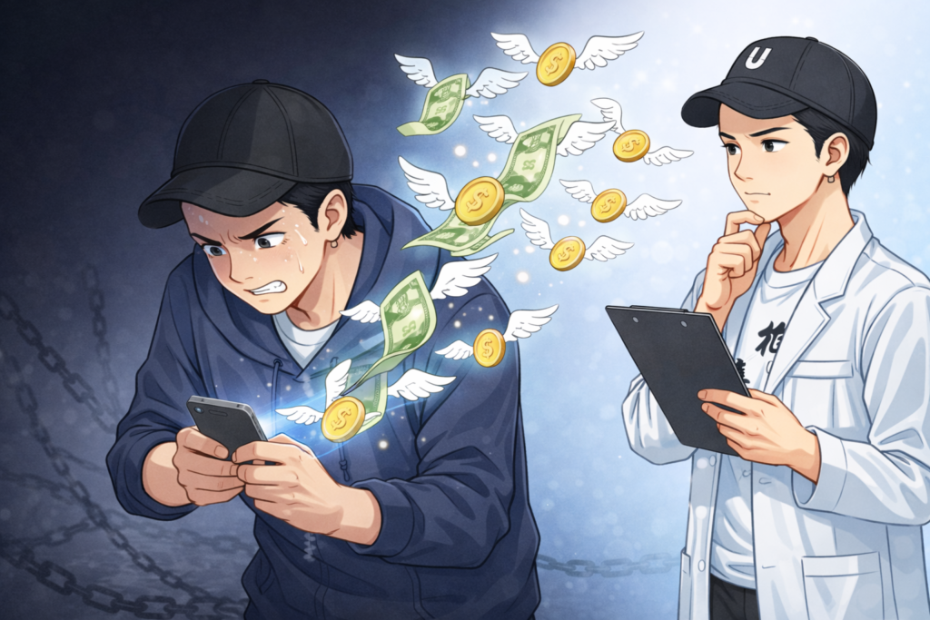 男性ファンのスマホからお金が飛んでいくイラスト。