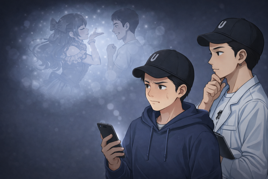 推しが他の男性ファンに投げキッスをしているのを悔しく思っている男性ファン。