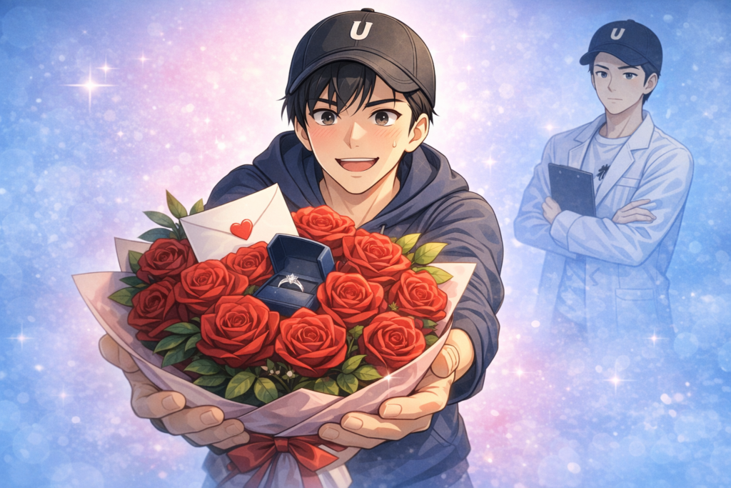 手紙と指輪入りの真っ赤なバラの花束を差し出す男性ファンのイラスト。